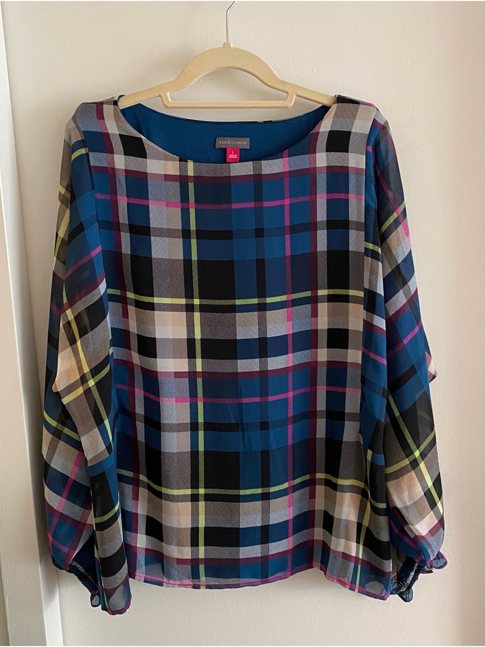 Vince Camuto Plaid Sheer Blouse in Blue, Black & Pink size L